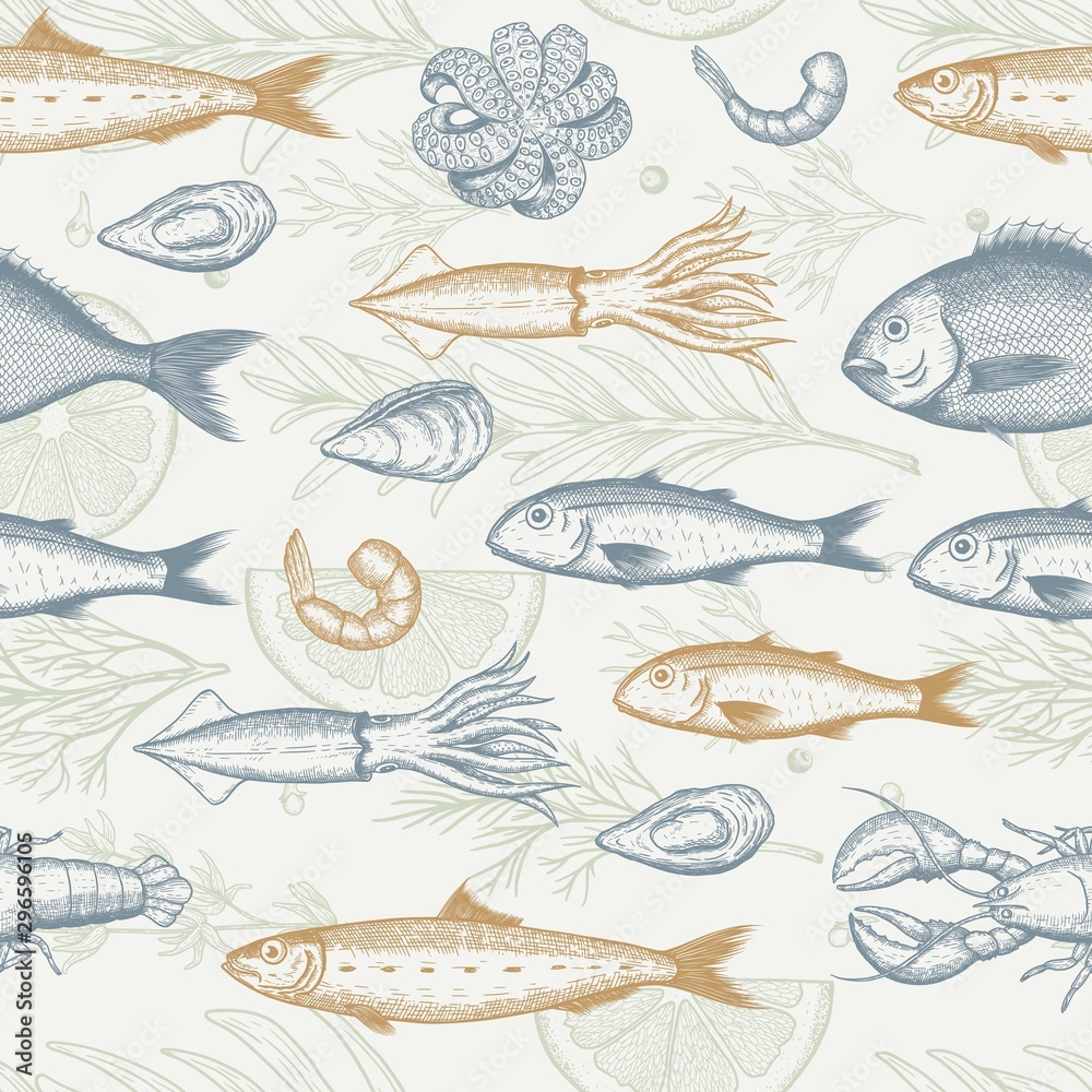 Naklejka premium Seafood restaurant seamless pattern. Fish, seashell, leaf, shrimp. Engraved vintage sea set. Vector illustration