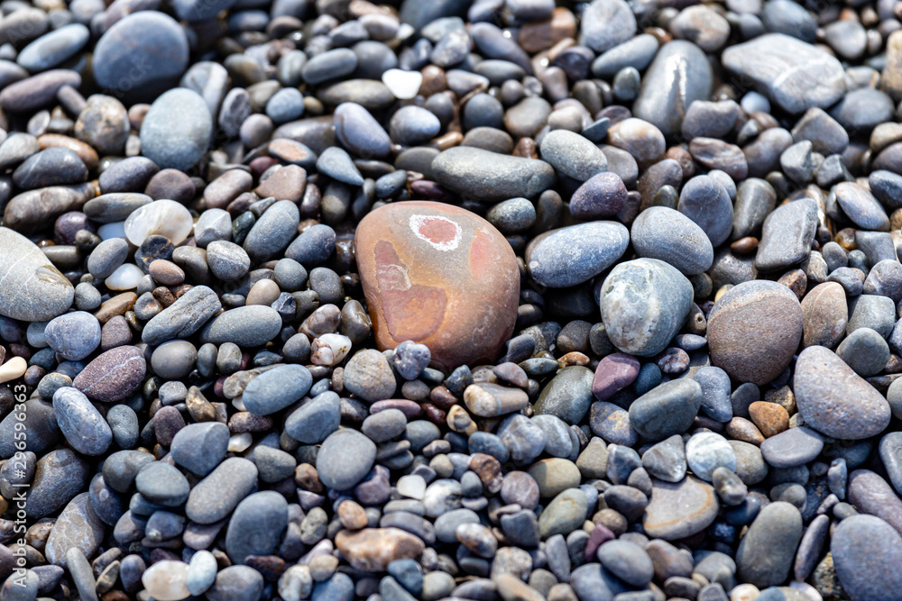 smooth gray stones on the seashore and one red stone. not like everyone else. smooth gray stones on the seashore and one red stone. not like everyone else.