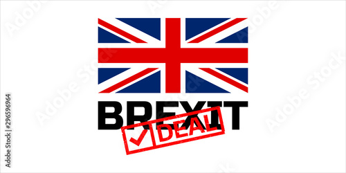Deal Brexit, red stamp and flag. United Kingdom of Great Britain is leaving European Union with agreement. Vector illustration design