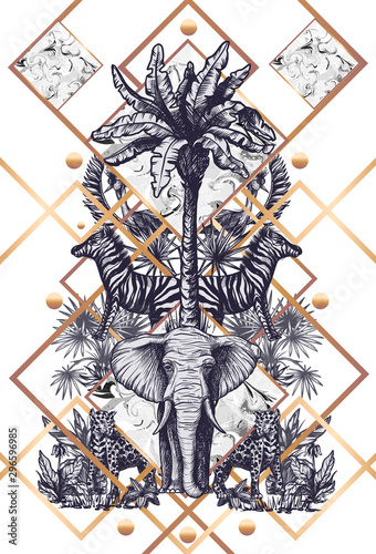 Graphical tropical tree such as palm, banana, jungle animals and golden elements. Vector.