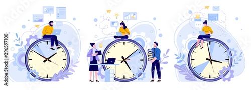 Efficiency work time. Man, woman and workers teamwork hours. Freelance workers, productivity clocks and people working on laptop vector illustrations set. Workflow scheduling, time management photo
