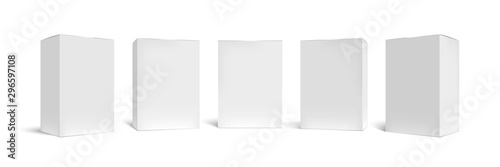 Realistic box mock up. Rectangular packaging boxes, white cardboard and blank vertical pack 3D vector template set. Closed square packing, paper containers, shipping cases cliparts collection photo