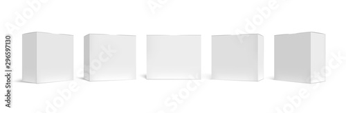 Realistic packaging box. White cardboard boxes mockup, medical case and horizontal rectangular pack 3D vector template set. Closed square packing. Blank paper containers isolated on white backdrop
