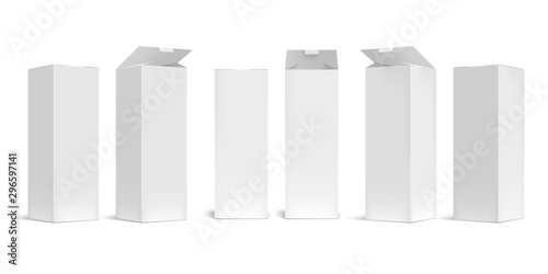 High box mockup. White open cardboard packaging long boxes, rectangular pack with realistic shadow vector set. Blank carton container, paper packages for transportation isolated on white background