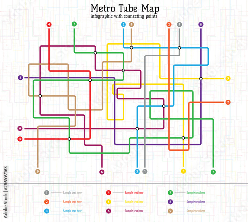 Metro map tube subway scheme. City transportation vector complex grid. Underground map. DLR and crossrail map design template. Live strokes included.