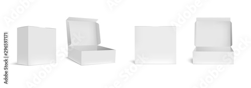 Open and closed white box mockup. Opened packaging boxes, empty rectangular package and realistic packages 3d vector illustration set. Square containers, paper packing isolated cliparts collection photo