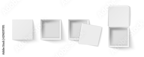 Square box top view mockup. Empty package, white paper gift boxes and pizza packaging realistic 3D vector illustration set. Open and closed parcel containers, paper carton isolated cliparts collection
