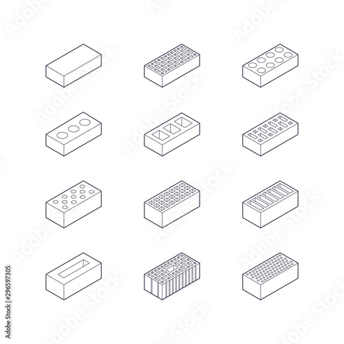 Brick isometric icons in line style, vector