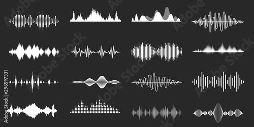 Sound waves. Playing song visualisation, radio frequency lines and sounds amplitudes. Abstract music wave, stereo equalizer and volume levels vector set. Monocolor audio soundtrack, musical vibrations