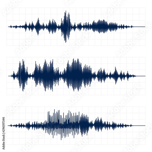 Seismograph chart. Seismic activity diagram, radio frequency waves and oscilloscope waveform graph vector set. Earthquake curve on paper tape. Lie detector. Digital soundwave, vibrations amplitude photo