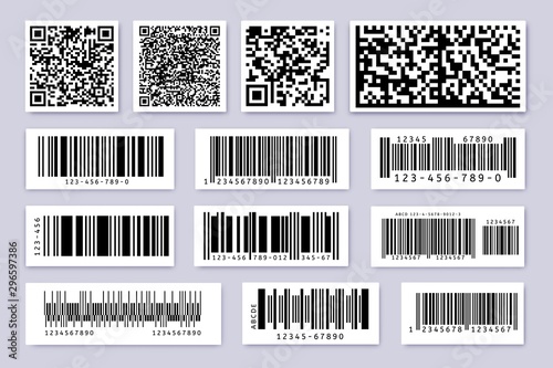 Barcode labels. Product label bar sticker, barcodes badges and industrial qr code isolated symbols vector set. Identification codes for product selling, goods tracking and inventory id tags