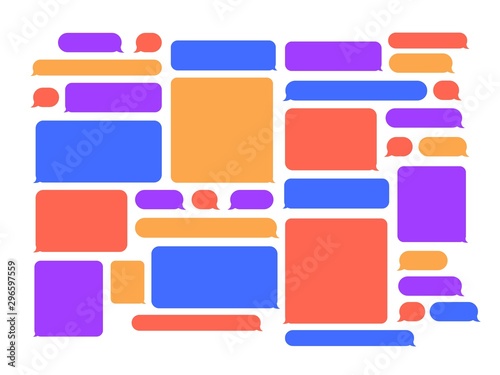 Chat speech bubbles. Smartphone messenger talk bubble frame, chats conversation speeches frames and color online talks messages vector set. Social media network empty multicolor dialog boxes