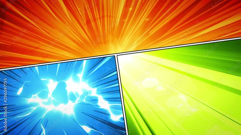 Comic Book Action Layout Background With Power Fx/ 4k animation of a powerful comics like page layout background with halftone dots and dynamic action speed sunbeams effects