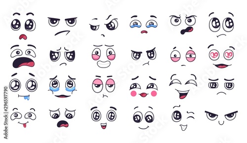 Funny cartoon faces. Face expressions, happy and sad mood. Laughing to tears face, smiling mouth and crying eyes. Doodle different moods vector illustration set. Positive and negative human feelings