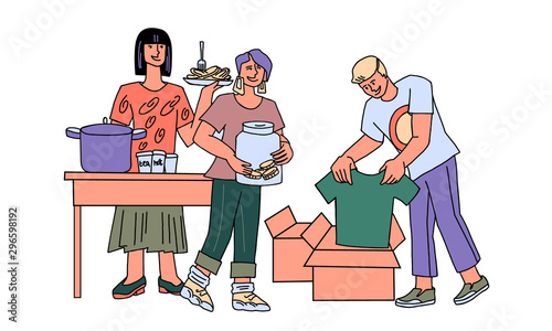 A team of volunteers helps homeless and poor people - give out food, collect money and clothes for donations. Altruism and charity, people needing social support and help Cartoon vector illustration.