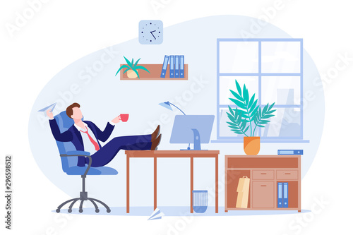 Procrastinating lazy freelancer or business man sitting at the desk in office. Vector flat cartoon illustration