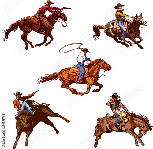 vector image of a cowboy on a wild mustang horse decorating him at a rodeo in the style of artistic sketches