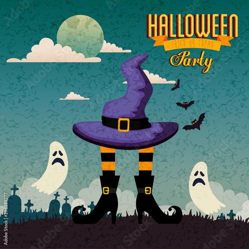 poster of party halloween with feets witch and icons vector illustration design