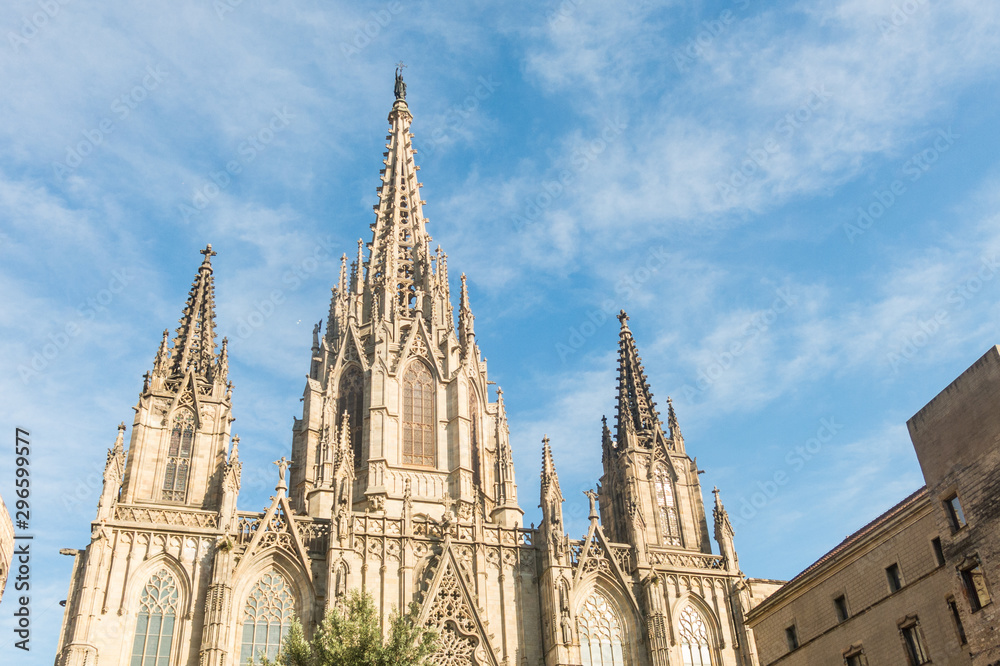 Facade of the Metropolitan Cathedral Basilica of Barcelona (also known as The Cathedral of the Holy Cross and Saint Eulalia) located in the gothic quarter in Catalonia, Spain, Europe.