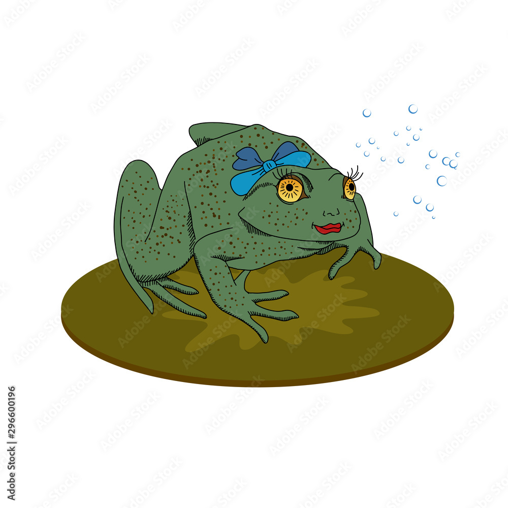 Obraz premium Vector illustration with the image of frogs with bows on their heads, bubbles and swamp plants. Funny and funny theme. Can be used as a print for t-shirts, cards, badges and other decor.