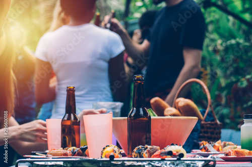 barbecue  and party.Barbecue on dish place on the table for partying or picnic outdoors.