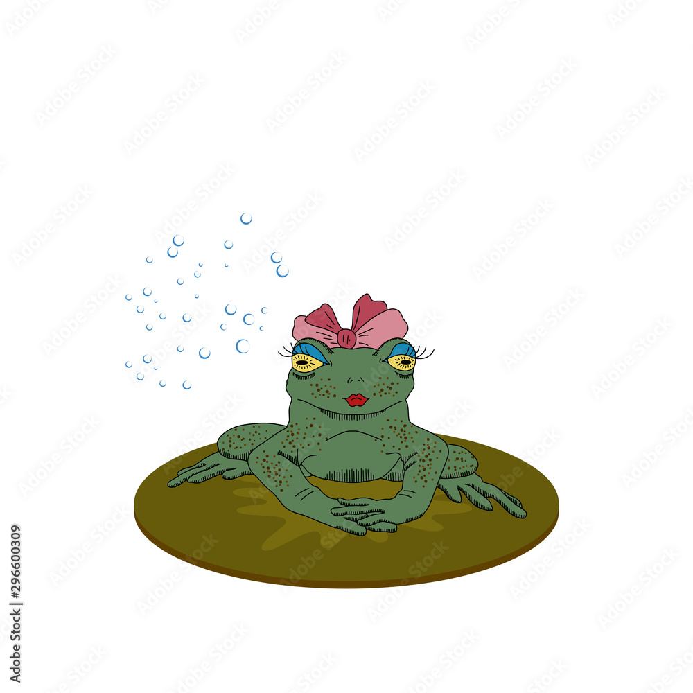 Obraz premium Vector illustration with the image of frogs with bows on their heads, bubbles and swamp plants. Funny and funny theme. Can be used as a print for t-shirts, cards, badges and other decor.