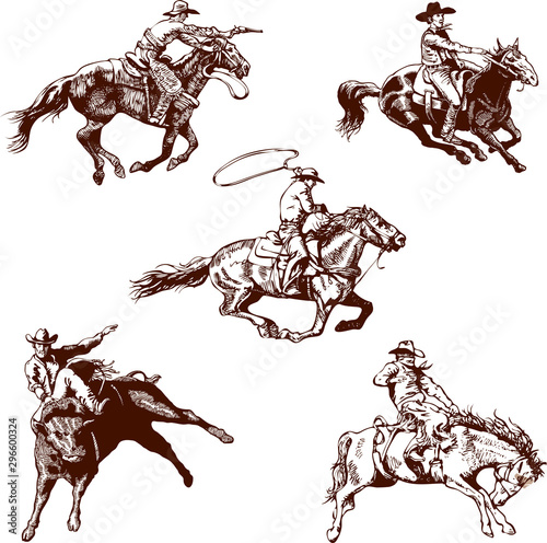 vector image of a cowboy on a wild mustang horse decorating him at a rodeo in th Fototapet