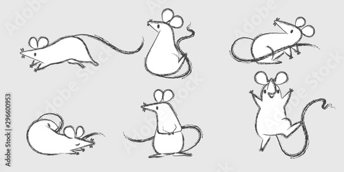 Set of hand drawn rats, mouse in different poses on white background. Vector illustration, cartoon doodle style.