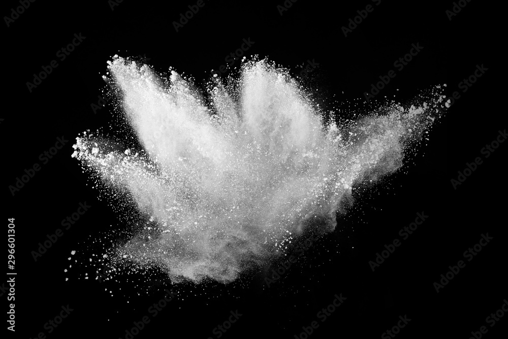 Naklejka premium White powder explosion on black background. Colored cloud. Colorful dust explode. Paint Holi.