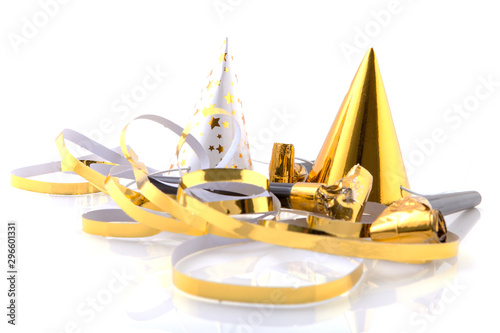 Golden party stuff over white background
