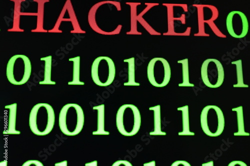 green binary code wording number with Hacker wording in red color