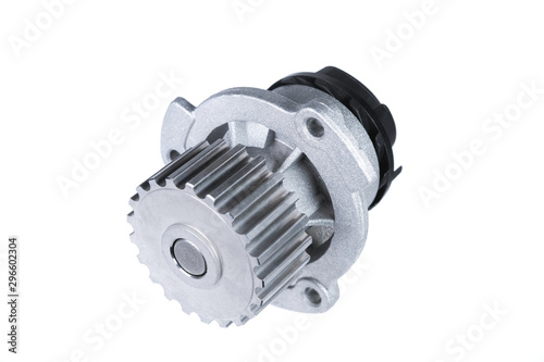 New metal automobile pump for cooling an engine water pump on a isolated white background. The concept of new spare parts for the car engine