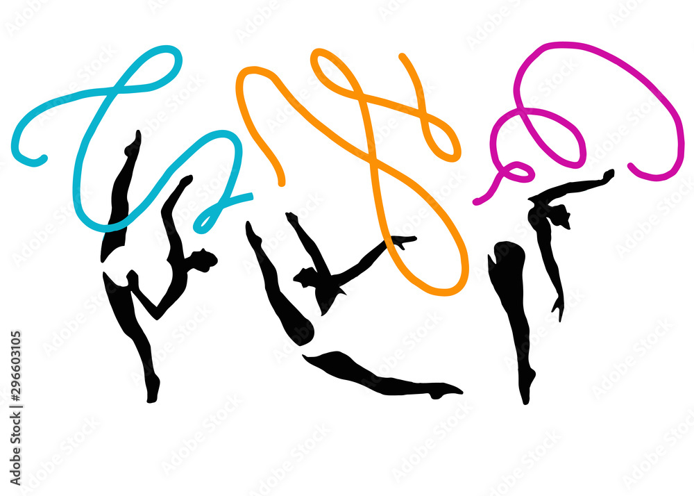 Fototapeta premium Set with gymnasts. Sports and physical activity collection of girls performing rhythmic gymnastics. Silhouettes of fit women holding sticks with long waving ribbons.