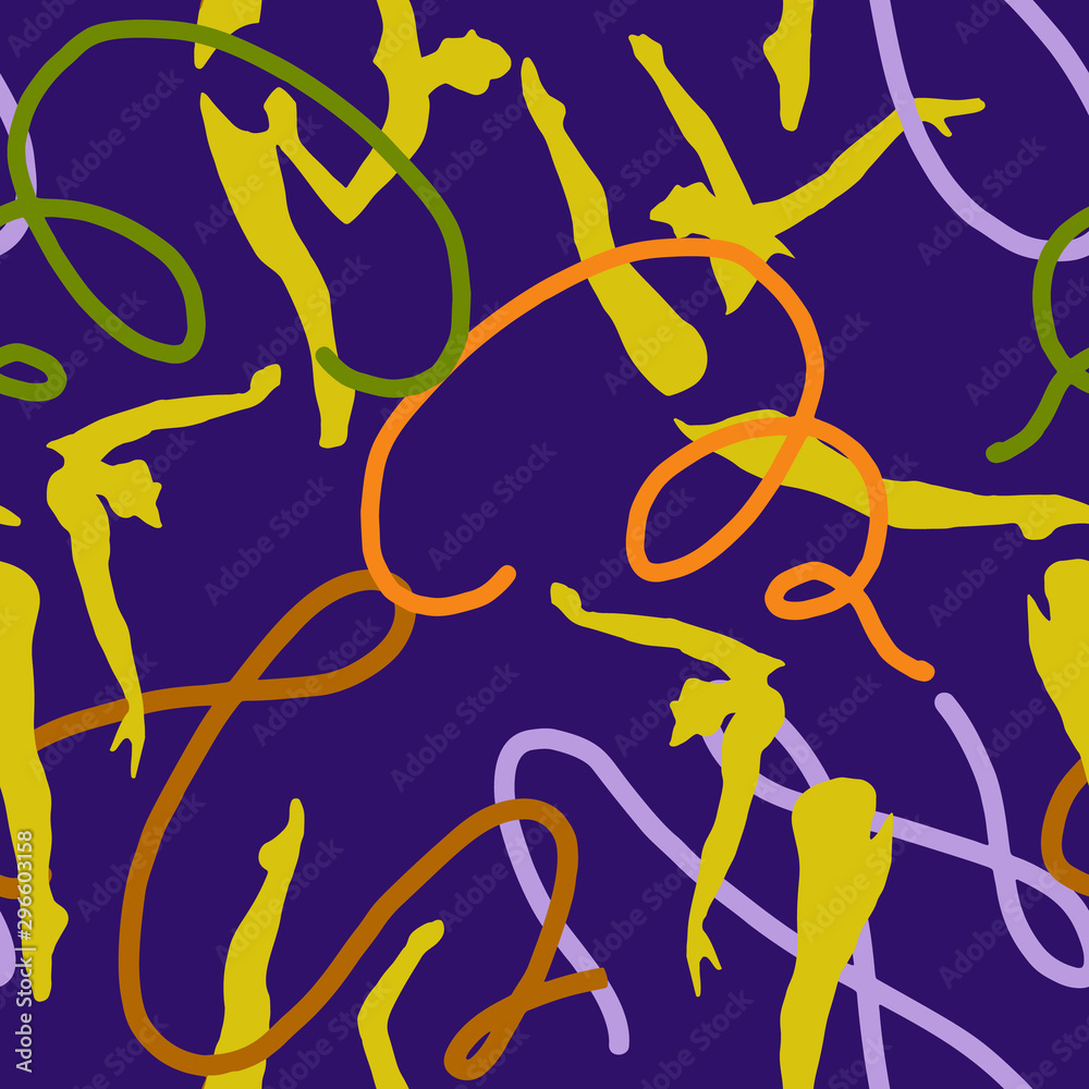 Fototapeta premium Seamless pattern with gymnasts. Sports and physical activity background of girls performing rhythmic gymnastics. Silhouettes of fit women holding sticks with long waving ribbons.