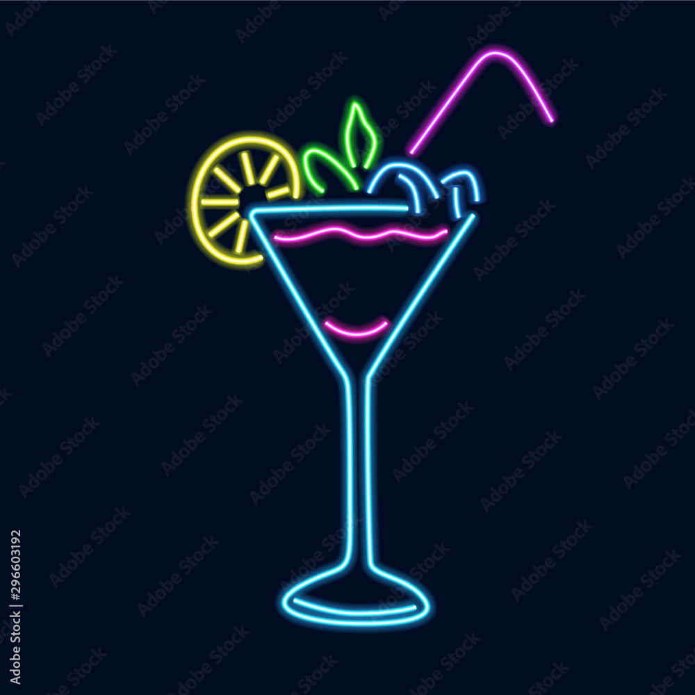 Neon silhouette of a glass with a cocktail Neon silhouette of a glass with a cocktail