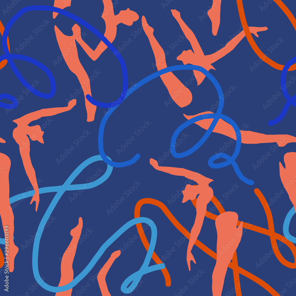 Seamless pattern with gymnasts. Sports and physical activity background of girls performing rhythmic gymnastics. Silhouettes of fit women holding sticks with long waving ribbons.