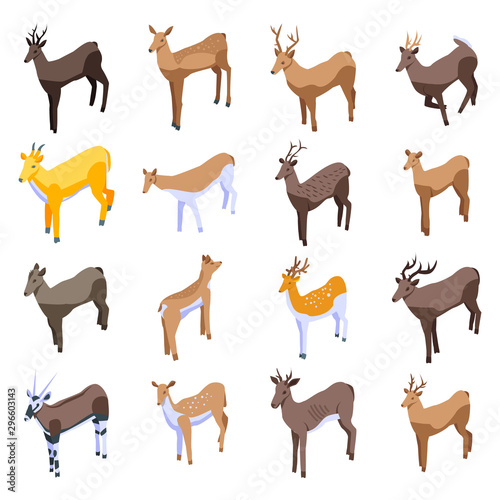 Deer icons set. Isometric set of deer vector icons for web design isolated on white background