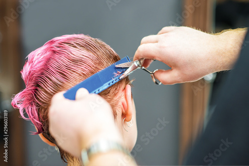 Closeup of hands are cutting client's wet pink hair at hair salon. Hairdresser cuts woman's hair. Barber hands cuts pink hair.
