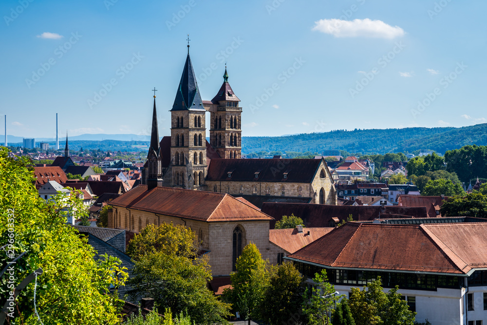 Germany, Beautiful medieval old town church of city esslingen am neckar called dionys or dionysius church seen from above the skyline and roofs