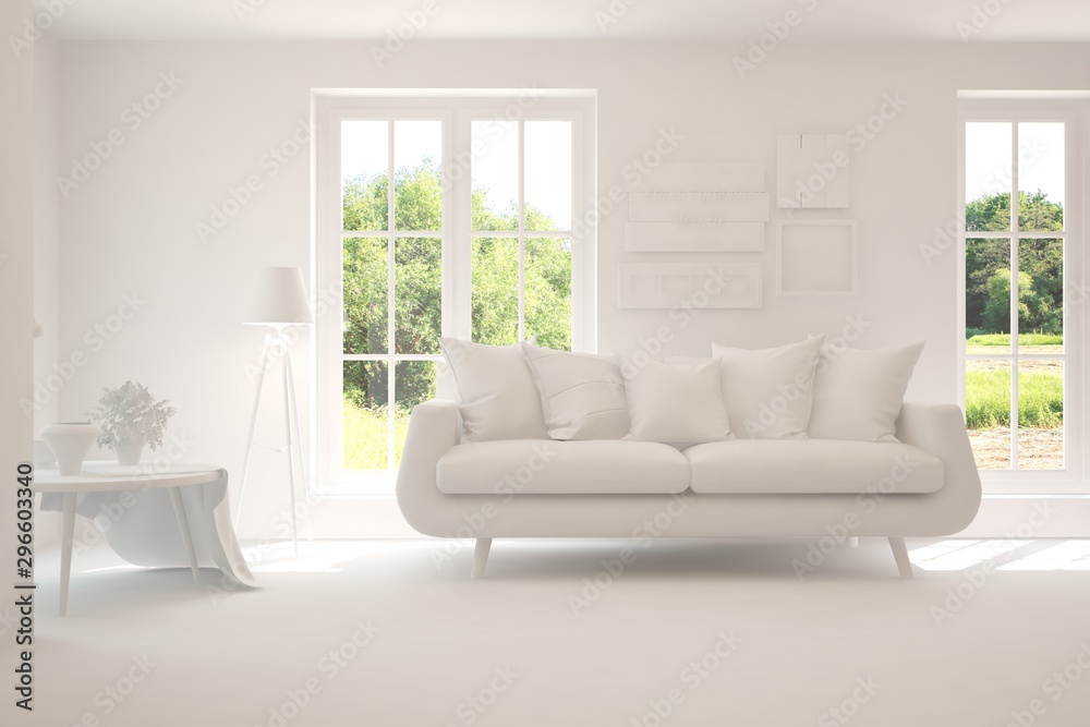 Mock up of stylish room in white color with sofa and green landscape in window. Scandinavian interior design. 3D illustration