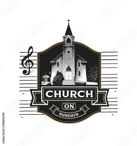 Church on Sundays with Music Staff in Background in Country Setting from Song Religious Cross