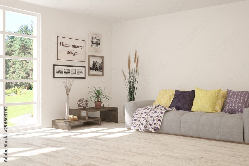 Stylish room in white color with sofa. Scandinavian interior design. 3D illustration