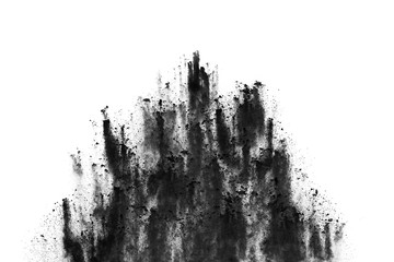 Closeup of black dust particles explode isolated on white background..