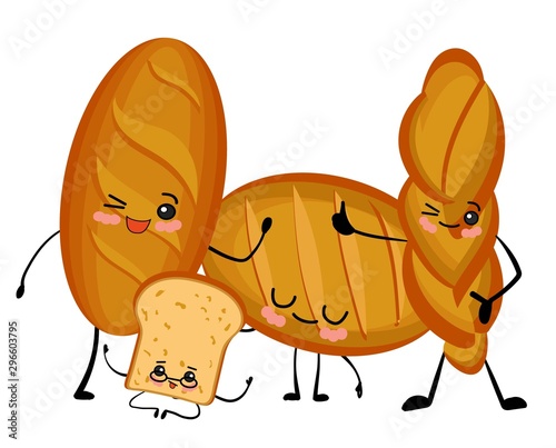 cute kawaii characters, bakery products. Baguette, loaf, bread with arms and legs vector.