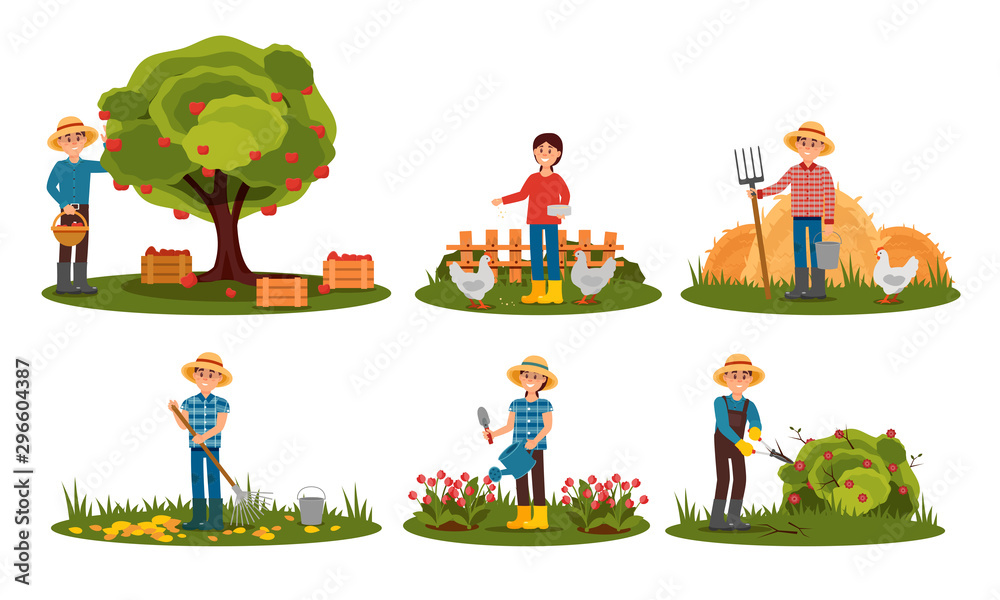People Characters Working On The Farm Vector Illustrations Collection