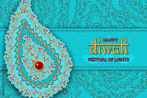 Happy Diwali turquoise template with floral paisley and mandala. Flower and leaves patterns. Festival of lights. Greeting card with diya