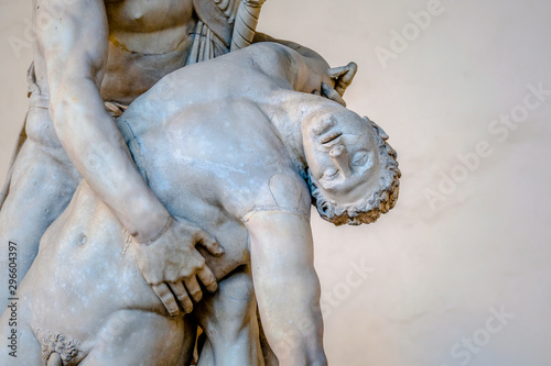 Menelaus supporting the body of Patroclus, in the Loggia dei Lanzi, Florence, Italy. Renaissance marble statue sculptures that copy a Hellenistic bronze original, dating to ca. 200–150 BCE