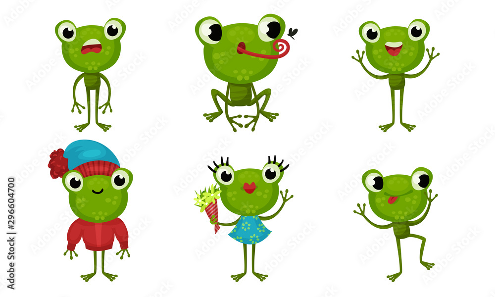 Six Funny Little Frog Characters In Cartoon Style Vector Illustrated Set Six Funny Little Frog Characters In Cartoon Style Vector Illustrated Set