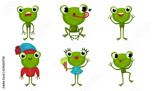 Six Funny Little Frog Characters In Cartoon Style Vector Illustrated Set