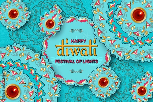 Happy Diwali turquoise template with floral paisley and mandala. Flower and leaves patterns. Festival of lights. Greeting card with diya